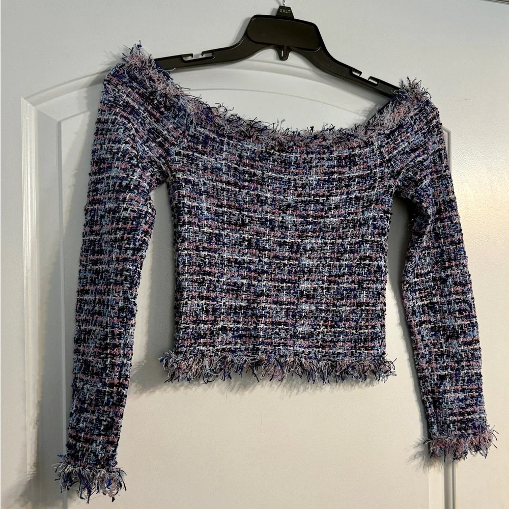 Zara Tweed Crop Top S Blue Pink Multi Off Shoulder Pearl Button Preppy Coquette